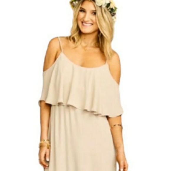 Show Me Your Mumu Caitlin Ruffle Maxi Bridesmaid Dress In Soft Beige Chiffon - Picture 3 of 8